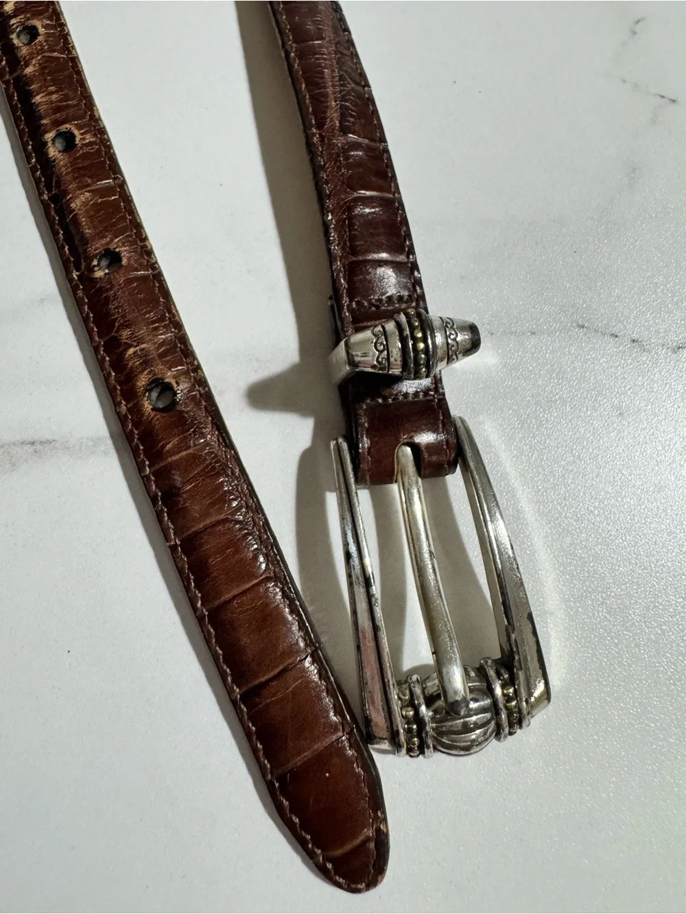 Brighton Brown Croc Embossed Leather Belt Silver Tone Buckle Size S 28